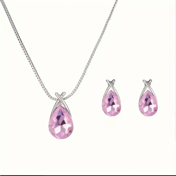 Nwt! (Pink) Vibrant Waterdrop Crystal Necklace & Earring Set Sparkling G